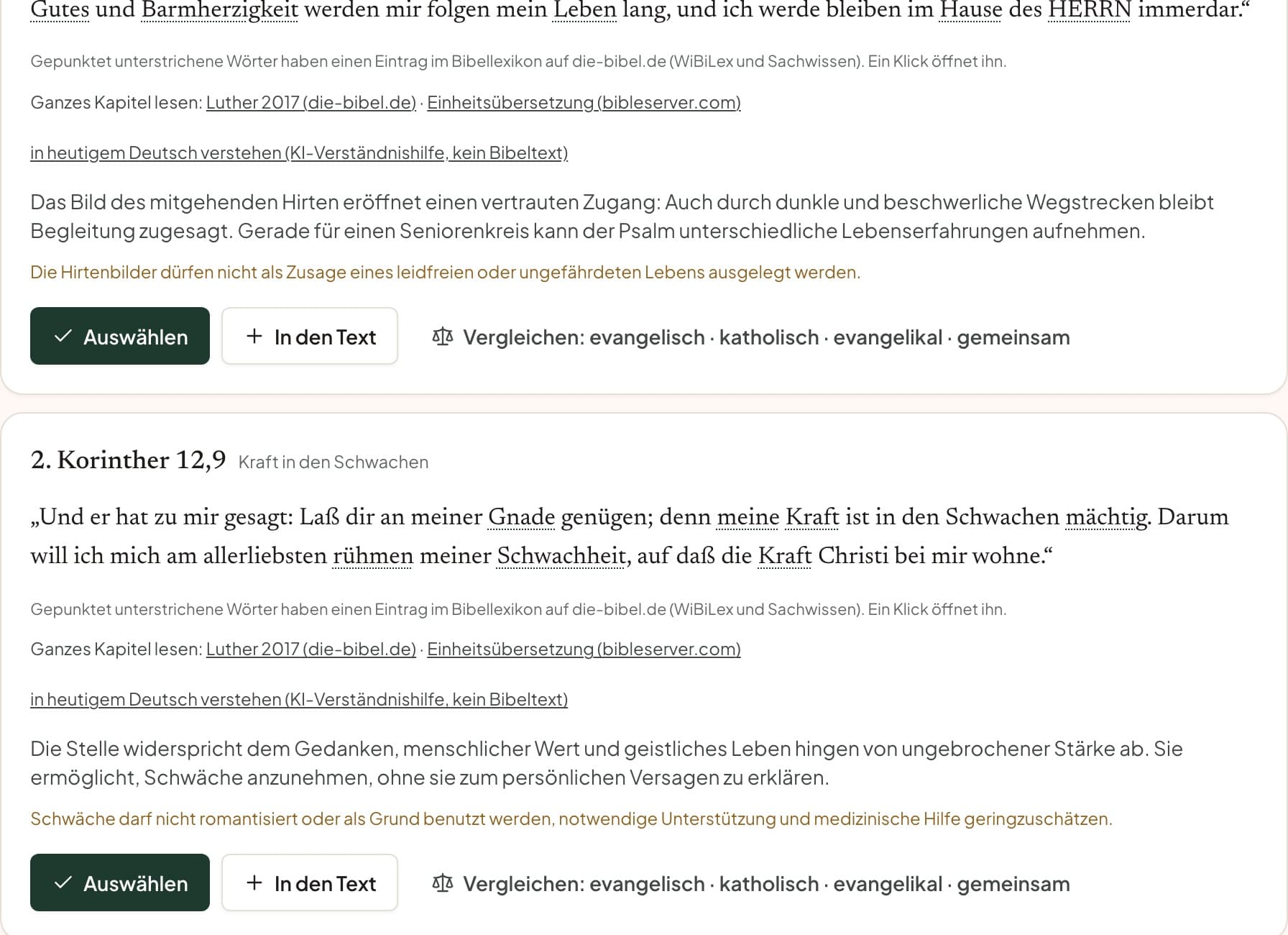 Der Bibel-Bereich: die gewählte Stelle Psalm 73,23–26 mit Begründung, darunter weitere Vorschläge wie Psalm 23.