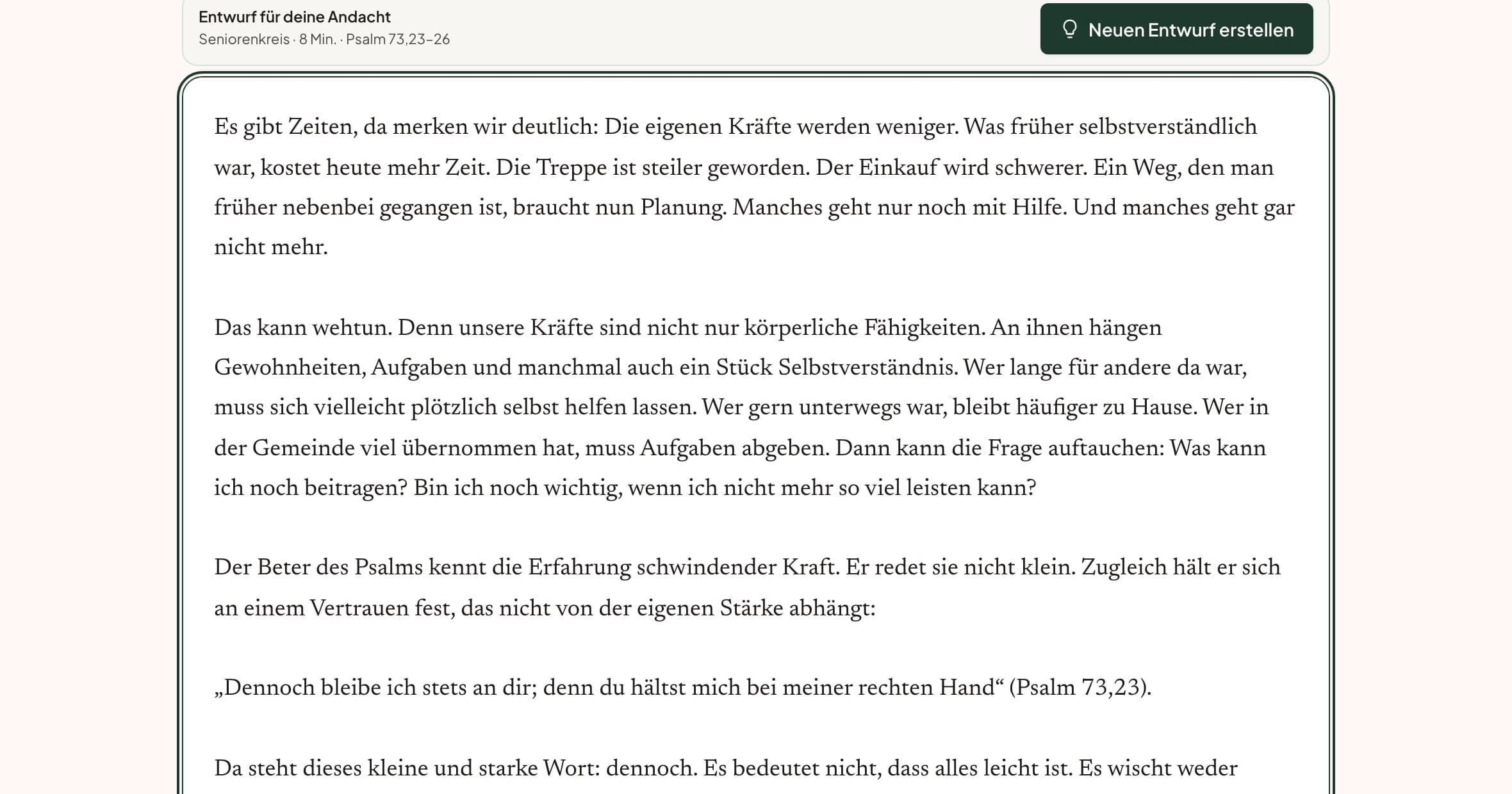 Der Entwurf für die Andacht im Textfeld, mit dem Zitat aus Psalm 73,23.