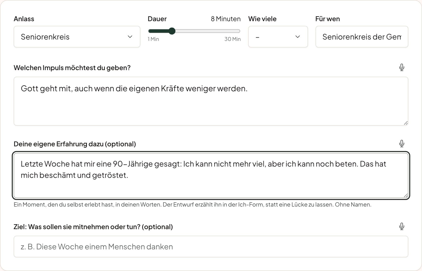 Die Kontextkarte: Anlass Seniorenkreis, acht Minuten, der Impuls und eine eigene Erfahrung, eingetragen.